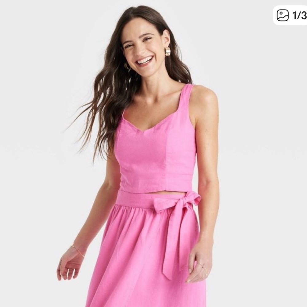 Pink Cropped Linen Tank Top